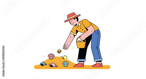 Joyful beachcomber gathers colorful seashells into a basket on a sunny day illustrating outdoor leisure activities and nature's treasures
