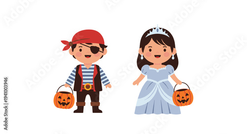 A cartoon boy in a pirate costume and a cartoon girl in a princess dress each holding an orange pumpkin bucket on a white background.