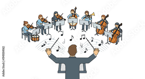 A whimsical illustration of a conductor leading a diverse ensemble of musicians playing various orchestral instruments in perfect harmony with