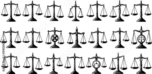 Black and White Line Art Icon Set of Scales of Justice, Symbolizing Law, Fairness, and Balance in Legal and Business Contexts
