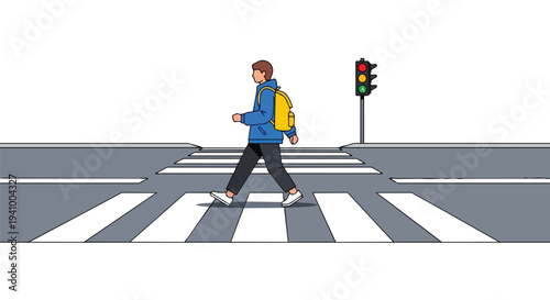 A young person with a bright yellow backpack crosses a pedestrian street at a green traffic light, emphasizing safe travel and urban navigation.