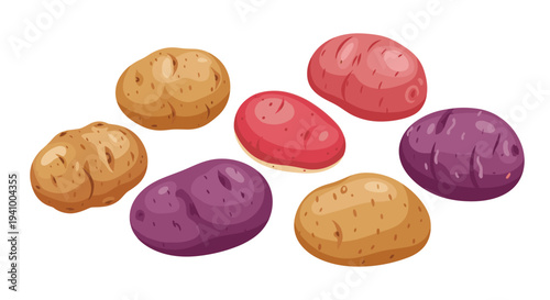 Seven whole potatoes including brown russet red and purple varieties are scattered across a plain white background showing natural skin textures.