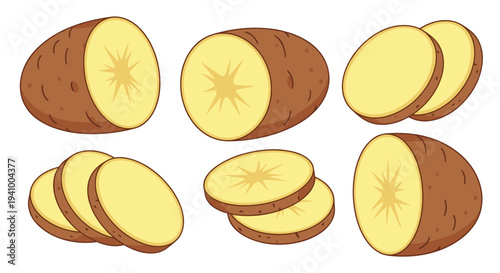 Six different arrangements of halved brown potatoes and circular slices showing internal star patterns are displayed against a solid white background.