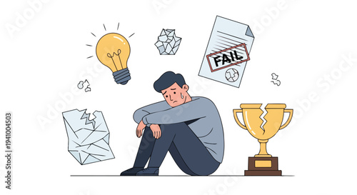 Depressed individual overwhelmed by failures, a broken trophy and extinguished ideas represents the weight of setbacks and lost potential