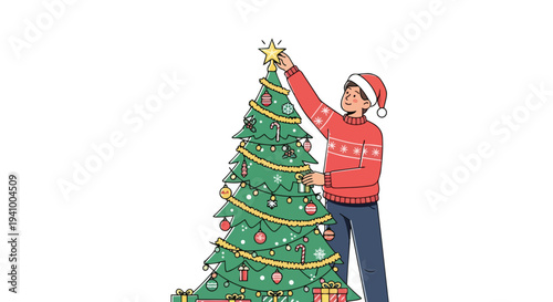 Festive Holiday Spirit Person Decorating a Christmas Tree with Ornaments and a Star Topper