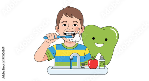 A young boy brushes his teeth with a blue toothbrush and white foam next to a large smiling green tooth character and a red apple.