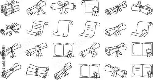 Black and White Line Art Icons of Diplomas and Certificates, Graduation and Education Symbols