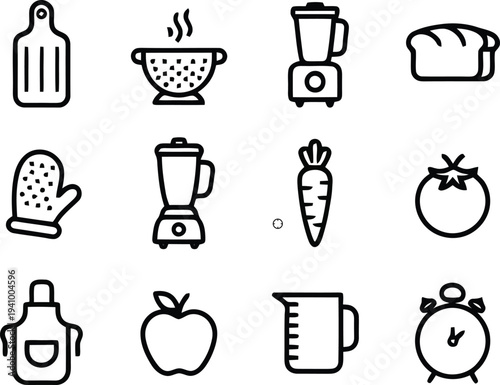 Set of kitchen icon vectors including cutting board blender carrot apple apron and timer