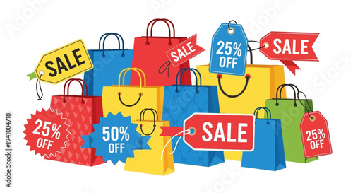 Assortment of colorful shopping bags and discount price tags advertise.