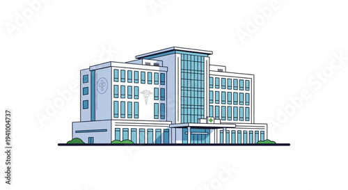 Modern medical center building with Caduceus symbol stands against.