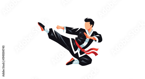 Dynamic Martial Arts Master in Action, Executing a High Kick with Focus and Precision in Traditional Attire, White Background