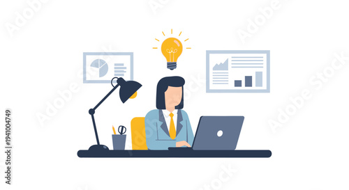 Businesswoman at desk with laptop has glowing light bulb idea above.