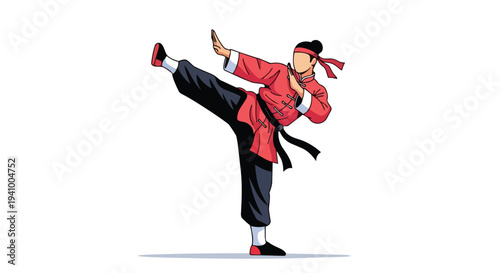 Dynamic Martial Artist Executes High Kick in Traditional Red Uniform with Focused Stance