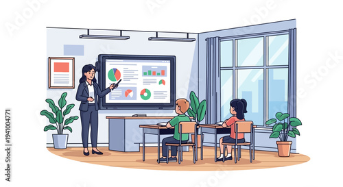 Teacher points to large screen displaying charts while instructing two.