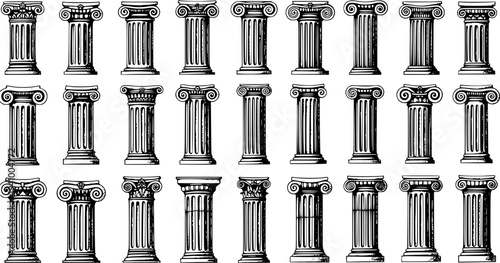 Black and White Line Art Collection of Architectural Columns: Doric, Ionic, Corinthian Styles for Classic Design