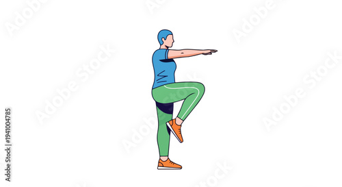 Energetic individual performing a balance exercise with one leg raised and arms extended, promoting fitness and well-being