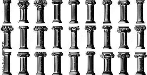 Set of Greek Roman Ionic Corinthian columns, architectural elements, ancient building design, black and white line art vector illustration