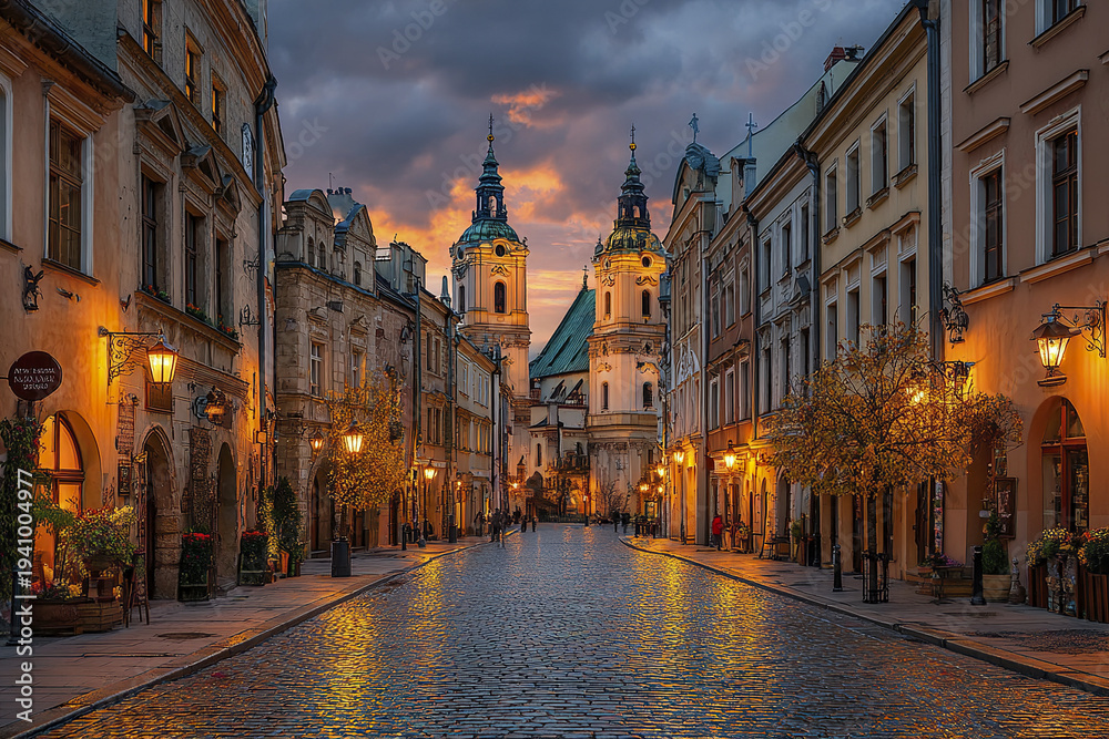 Naklejka premium European travel destination street view at twilight with historic architecture and warm street lights reflecting on wet cobblestone pavement creating charming and peaceful atmosphere