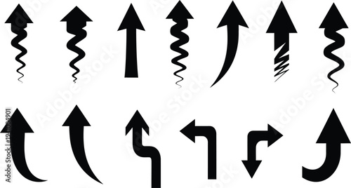 Collection of black arrows pointing up down and sideways on white background