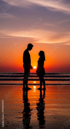 Silhouetted couple gazes at each other during a vibrant ocean sunset