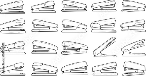 Black and White Line Art Set of Various Stapler Designs for Office and Stationery