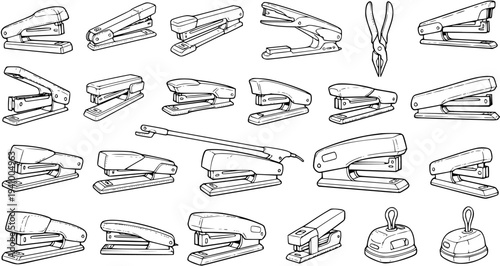 Black and White Line Art Illustration of Various Staplers and Pliers, Office Supplies Collection