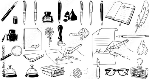 Black and White Line Art Vector of Office Supplies and Stationery for Business and Legal Documentation