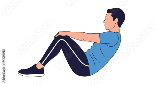 Stylized vector illustration of a man in workout attire performing a seated exercise, emphasizing core strength and flexibility exercises for a