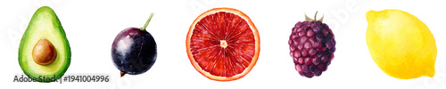 Set of watercolor fruit clipart, avocado, plum, blood orange, blackberry and lemon, isolated on transparent background