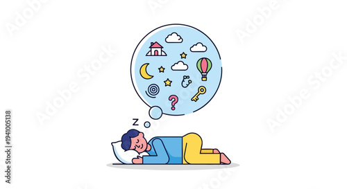 Vivid dreams of adventure, home, and discovery fill a sleeping person's mind with whimsical symbols and scenarios