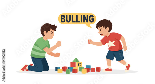 Two young boys with dark hair fight over a pile of colorful alphabet building blocks under a yellow speech bubble with text.