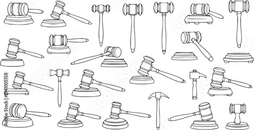 Black and White Line Art Gavels and Hammers Seamless Pattern. Outline Sketch Drawing for Legal Justice, Auction, and Construction Industry Backgrounds.