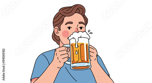 Person enjoys frothy beer in a clear mug illustration on white background