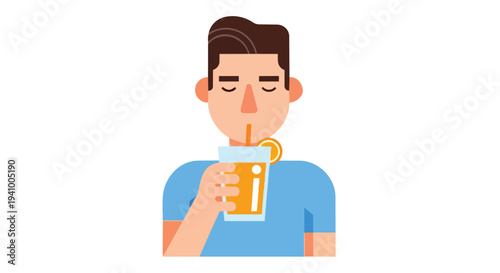 A person enjoying a refreshing orange beverage with a straw and a citrus slice, isolated on white