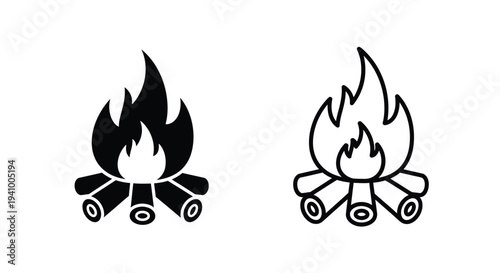 Two contrasting black and white illustrations of a campfire