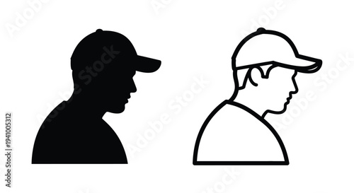 Two profiles of a person wearing a baseball cap one solid one outline