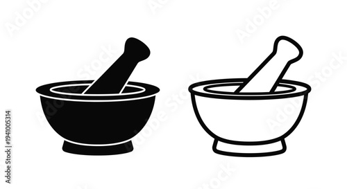 Two black and white illustrations of a mortar and pestle set