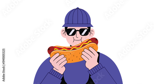 Stylized character enjoying a loaded hot dog with mustard and ketchup, wearing sunglasses and a hat for a casual outdoor experience