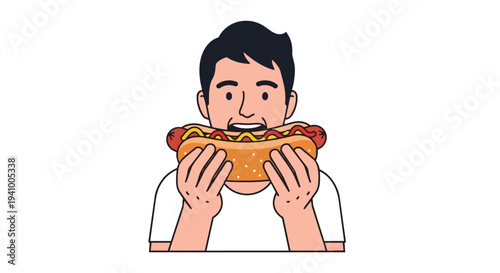 A joyful person enthusiastically devours a loaded hot dog, enjoying a savory snack with evident delight and a bright, friendly expression on their