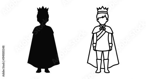 Two stylized figures a king and a silhouette in black and white