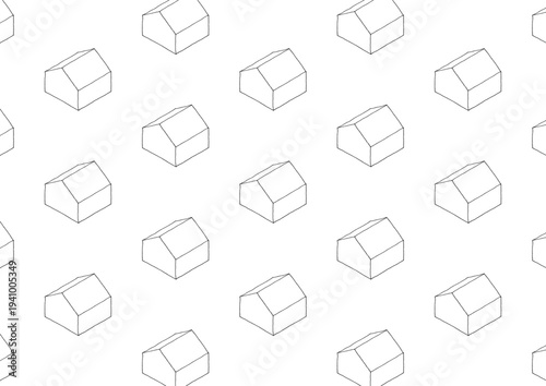 アイソメトリックな家が規則正しく並んでいる手描きの線画イラスト