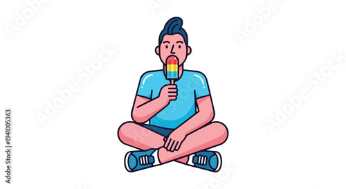 A young individual enjoys a vibrant, rainbow-colored popsicle while seated in a meditative cross-legged pose, conveying a sense of summer