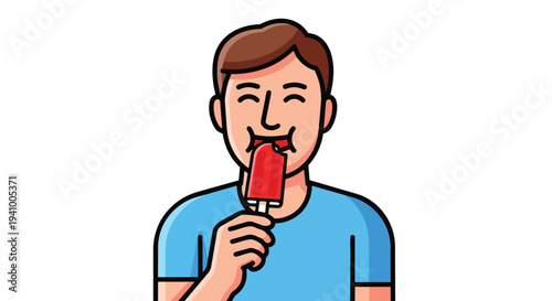 Joyful man enjoying a refreshing red popsicle treat on a bright sunny day