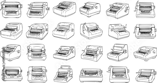 Vintage Typewriter Collection: Black and White Line Art, Retro Technology Icons