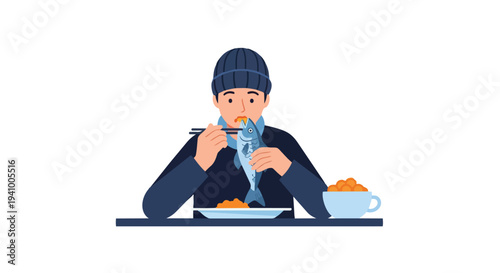 A person enjoys a whole fish meal with chopsticks and a side of orange snacks on a white background, representing a unique dining experience.