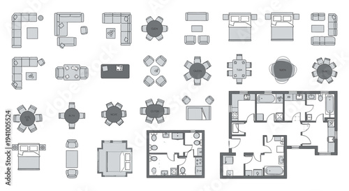 vector illustrations of diverse furniture and architectural floor plans for interior design and spatial planning.