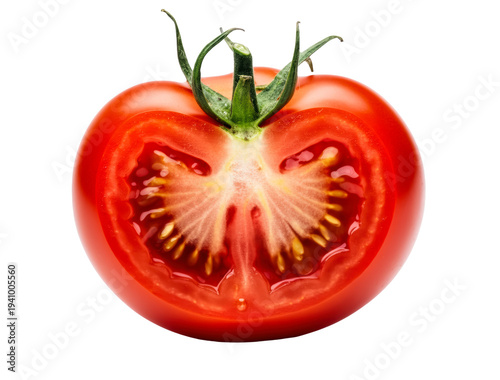 Wallpaper Mural Half Cut Fresh Tomato on Black Background, Macro Shot Highlighting Juicy Red Flesh, Seeds and Green Stem - Symbol of Health and Summer Harvest Torontodigital.ca