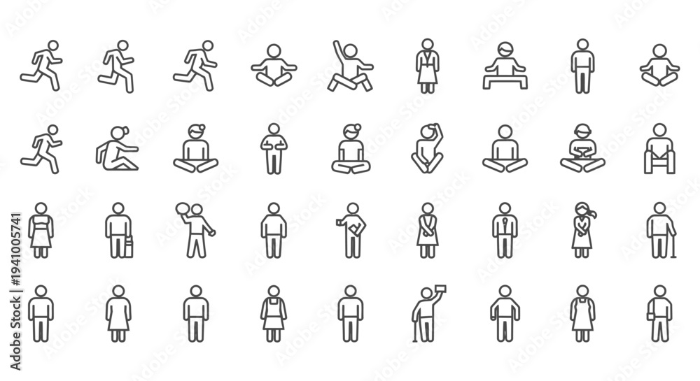 Obraz premium diverse line art people icons collection illustrating human actions poses and lifestyle activities for modern web and app design.