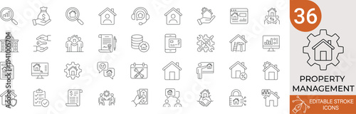 Property Management Icons Set. Includes Real Estate, Rent, Lease, Maintenance, House, Investment, Landlord, and Tenant. 36 Professional Line Icons with Editable Stroke.