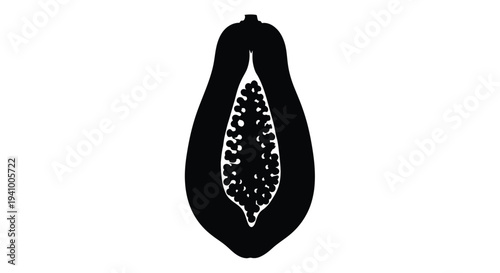 A black silhouette of a halved papaya with visible seeds